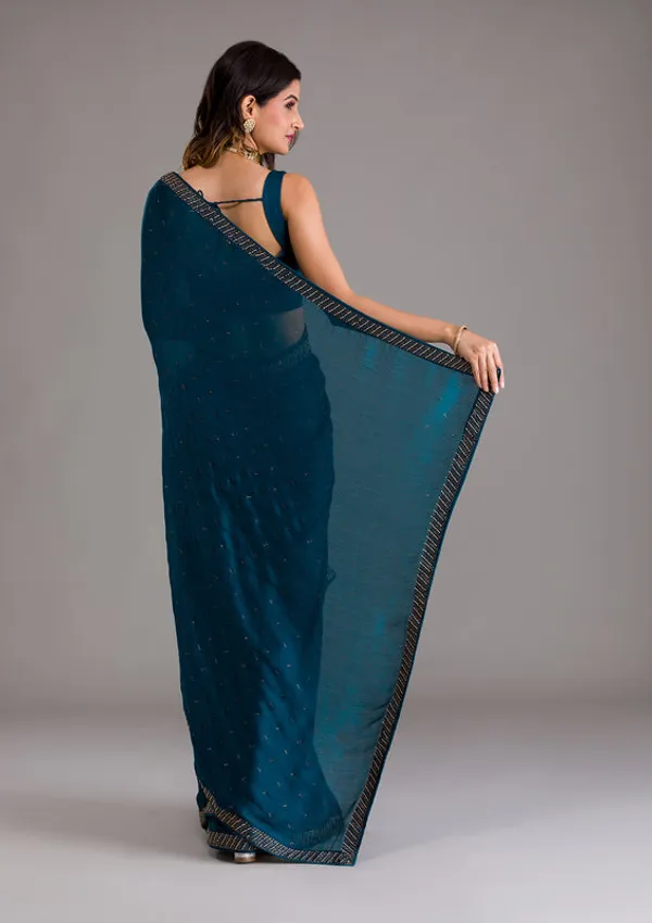 Peacock_Blue_Crepe_Silver_Stonework_Saree_With_Matching_Blouse_Piece