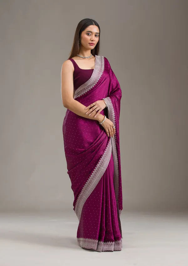 Wine_Satin_Silver_Zariwork_Saree_With_Matching_Blouse_Piece