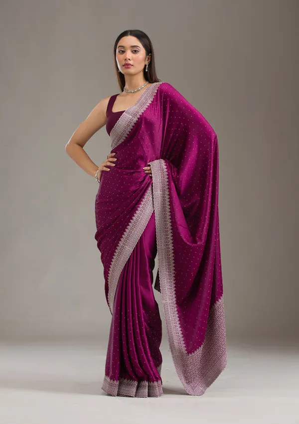 Wine_Satin_Silver_Zariwork_Saree_With_Matching_Blouse_Piece