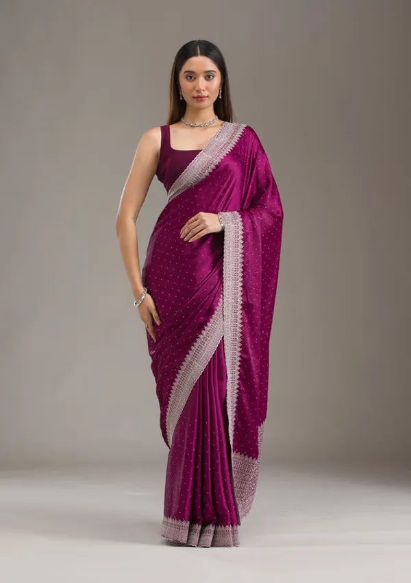 Wine_Satin_Silver_Zariwork_Saree_With_Matching_Blouse_Piece