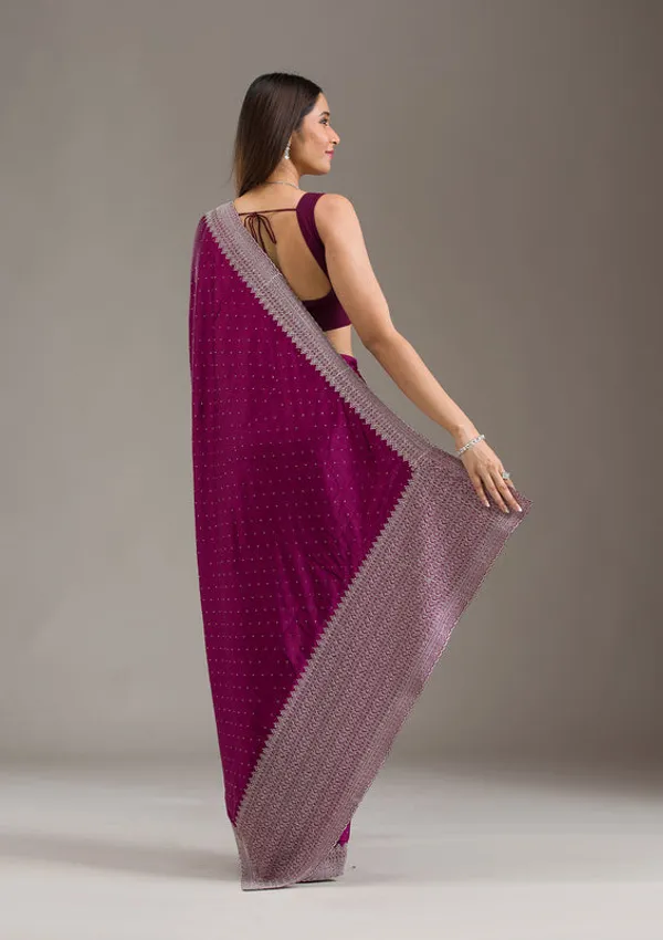 Wine_Satin_Silver_Zariwork_Saree_With_Matching_Blouse_Piece