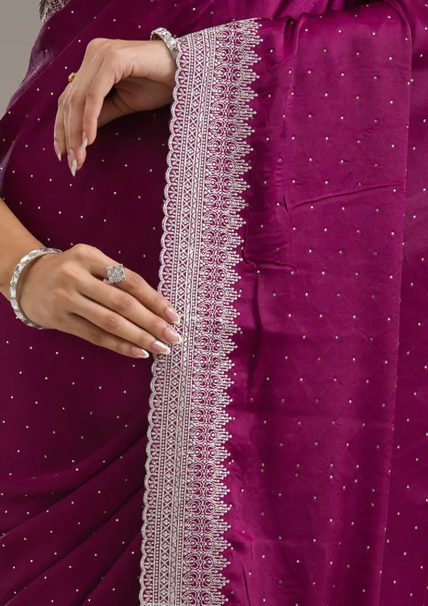 Wine_Satin_Silver_Zariwork_Saree_With_Matching_Blouse_Piece