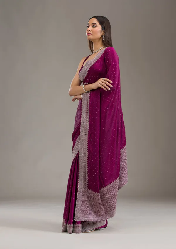 Wine_Satin_Silver_Zariwork_Saree_With_Matching_Blouse_Piece