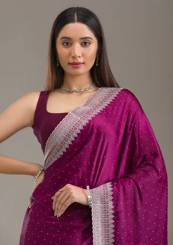 Wine_Satin_Silver_Zariwork_Saree_With_Matching_Blouse_Piece