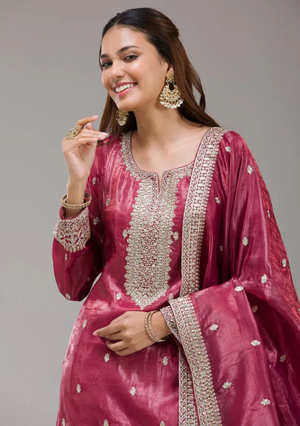 Wine_Tissue_Gold_Zariwork_Straight_Kurta_With_Sharara_And_Dupatta