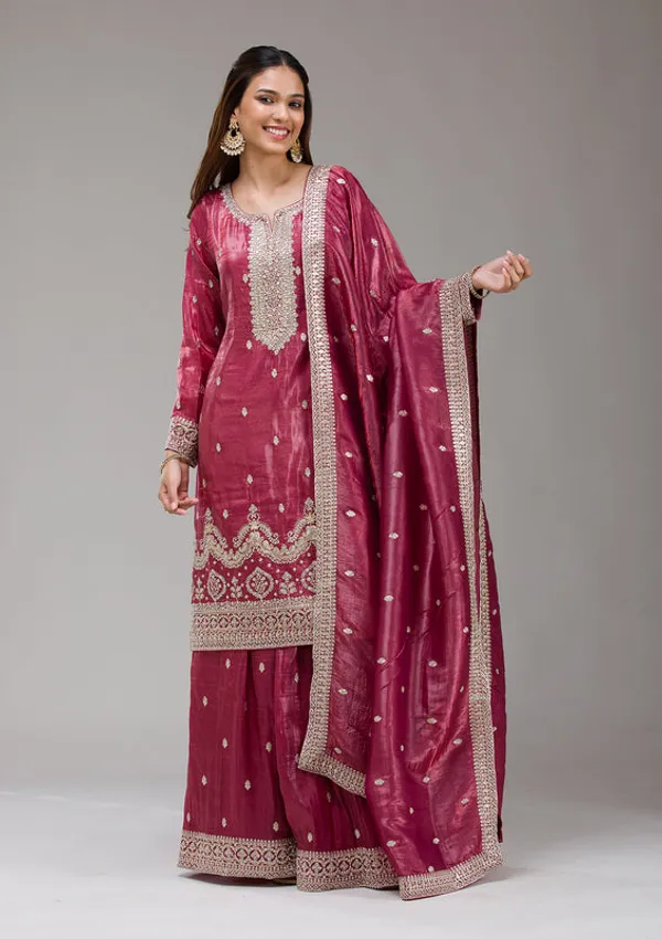 Wine_Tissue_Gold_Zariwork_Straight_Kurta_With_Sharara_And_Dupatta