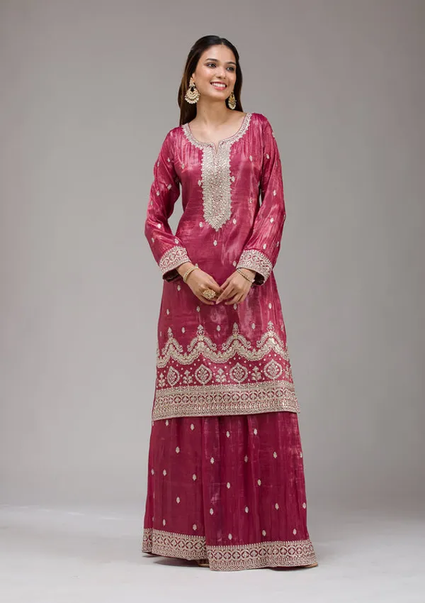 Wine_Tissue_Gold_Zariwork_Straight_Kurta_With_Sharara_And_Dupatta