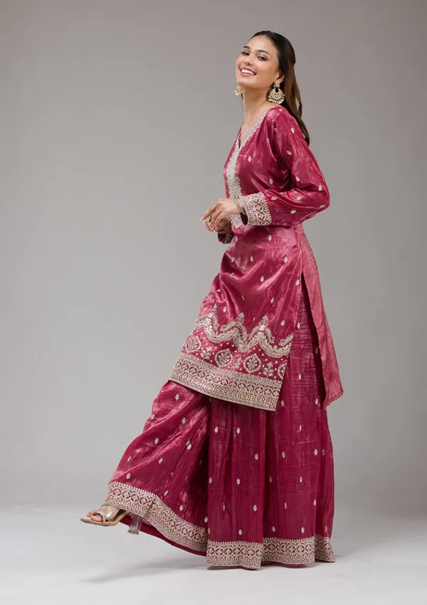 Wine_Tissue_Gold_Zariwork_Straight_Kurta_With_Sharara_And_Dupatta