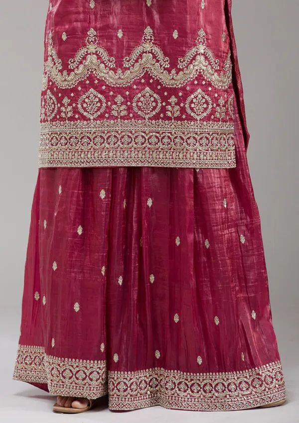 Wine_Tissue_Gold_Zariwork_Straight_Kurta_With_Sharara_And_Dupatta