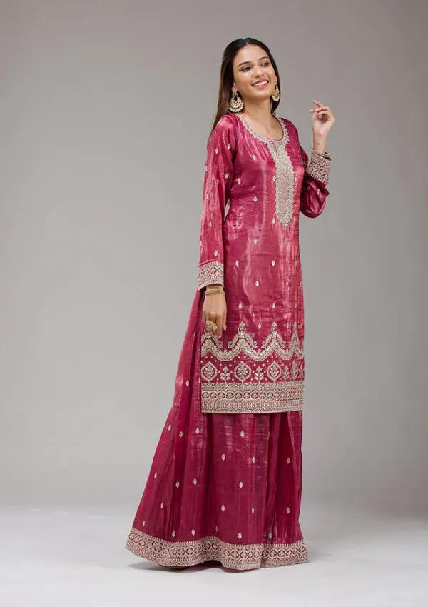 Wine_Tissue_Gold_Zariwork_Straight_Kurta_With_Sharara_And_Dupatta