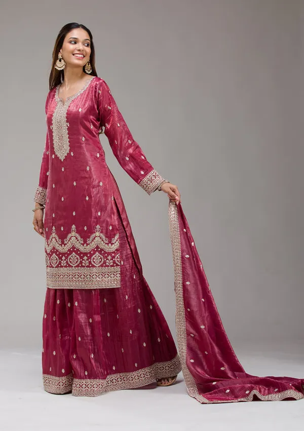 Wine_Tissue_Gold_Zariwork_Straight_Kurta_With_Sharara_And_Dupatta