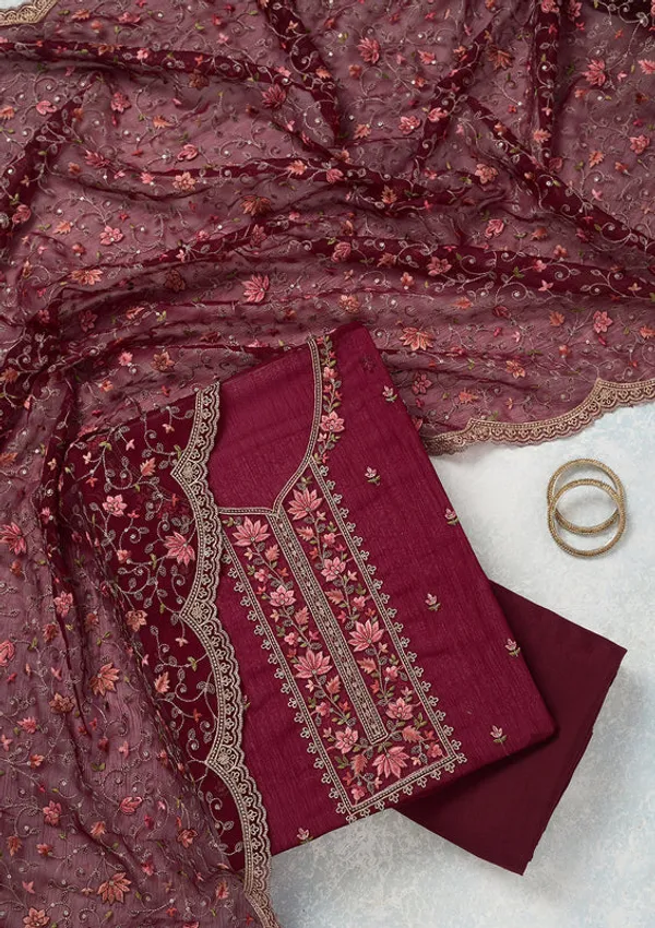 Wine_Tissue_Threadwork_Unstitched_Dress_Material_With_Matching_Bottom_And_Dupatta