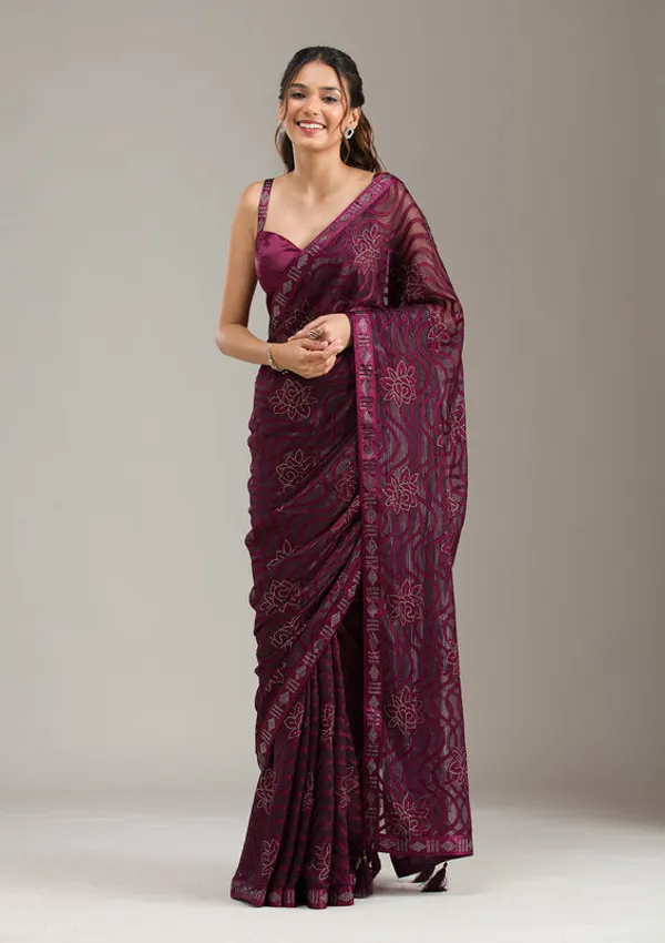 Wine_Chiffon_Swarovski_Saree_With_Matching_Blouse_Piece