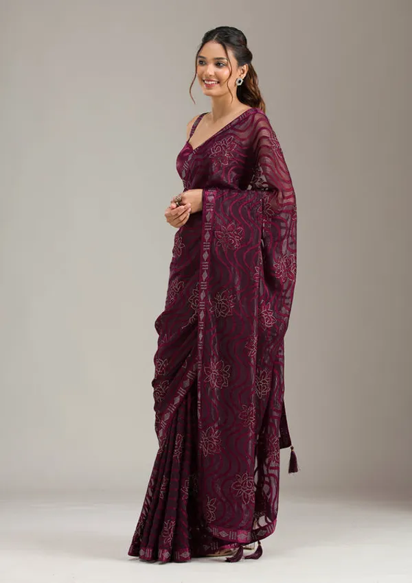 Wine_Chiffon_Swarovski_Saree_With_Matching_Blouse_Piece