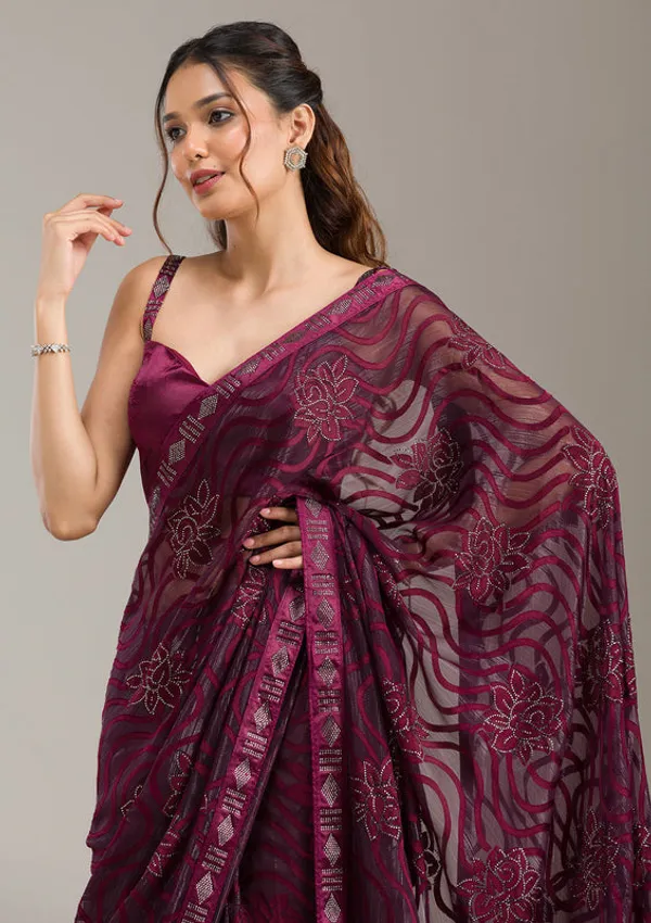 Wine_Chiffon_Swarovski_Saree_With_Matching_Blouse_Piece
