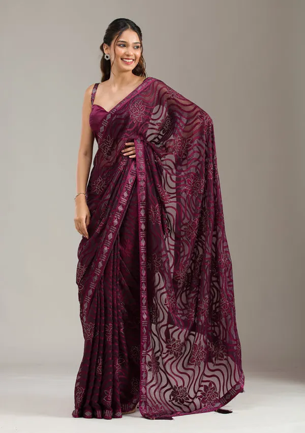 Wine_Chiffon_Swarovski_Saree_With_Matching_Blouse_Piece