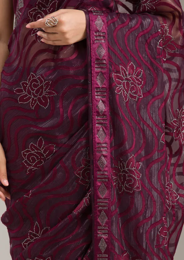 Wine_Chiffon_Swarovski_Saree_With_Matching_Blouse_Piece