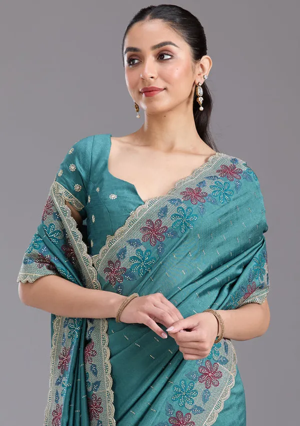 Sea_Green_Soft_Raw_Silk_Threadwork_Saree_With_Matching_Blouse_Piece