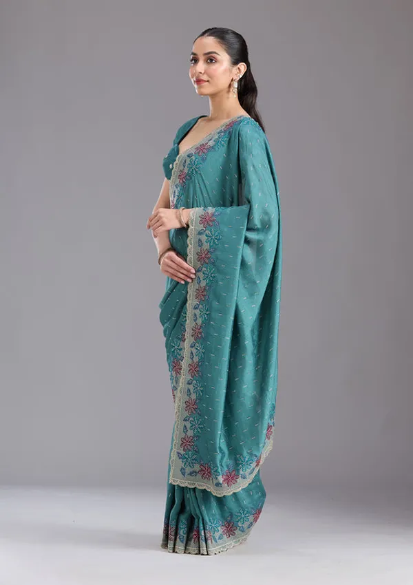 Sea_Green_Soft_Raw_Silk_Threadwork_Saree_With_Matching_Blouse_Piece