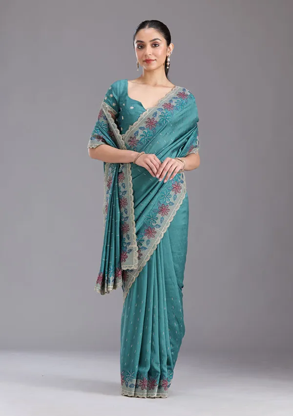 Sea_Green_Soft_Raw_Silk_Threadwork_Saree_With_Matching_Blouse_Piece