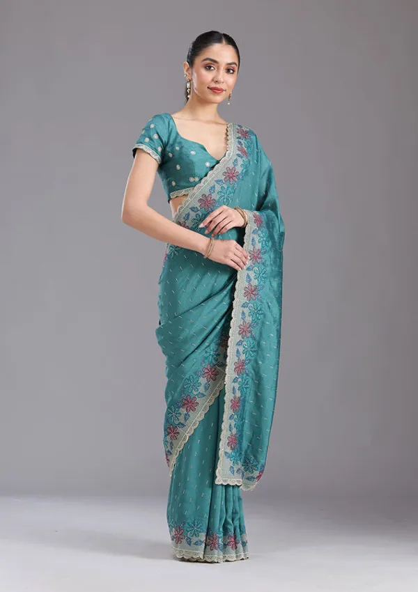 Sea_Green_Soft_Raw_Silk_Threadwork_Saree_With_Matching_Blouse_Piece