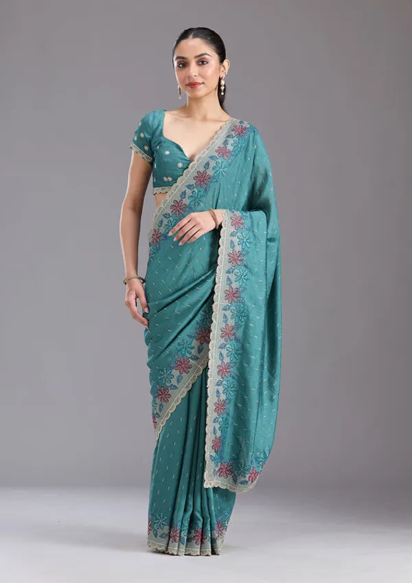 Sea_Green_Soft_Raw_Silk_Threadwork_Saree_With_Matching_Blouse_Piece