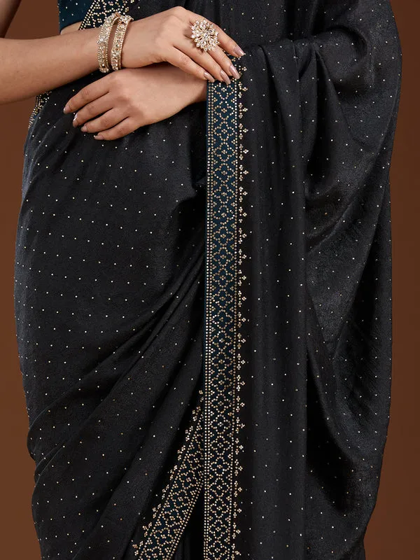 Black_Velvet_Gold_Stonework_Saree_With_Matching_Blouse_Piece