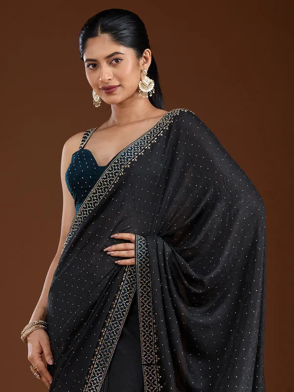 Black_Velvet_Gold_Stonework_Saree_With_Matching_Blouse_Piece