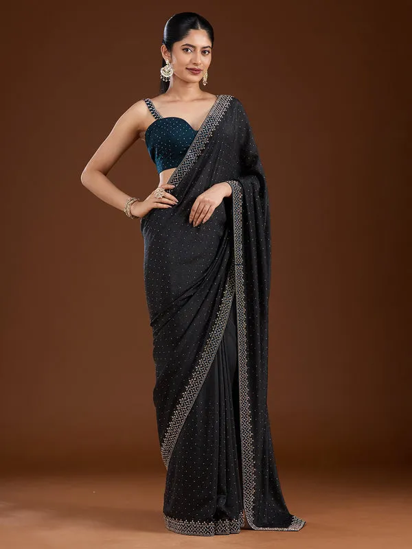 Black_Velvet_Gold_Stonework_Saree_With_Matching_Blouse_Piece