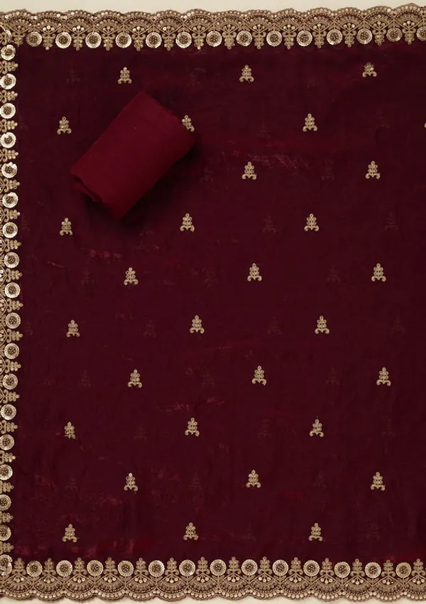 Maroon_Organza_Cording_Unstitched_Dress_Material_With_Matching_Bottom_And_Dupatta