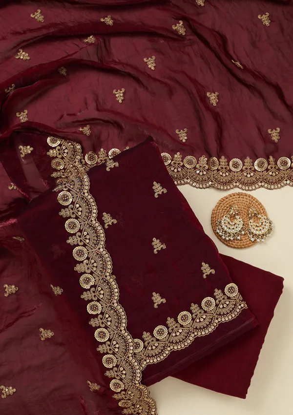 Maroon_Organza_Cording_Unstitched_Dress_Material_With_Matching_Bottom_And_Dupatta