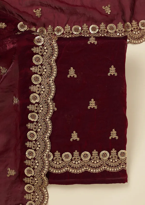 Maroon_Organza_Cording_Unstitched_Dress_Material_With_Matching_Bottom_And_Dupatta