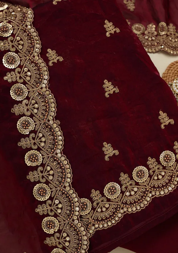 Maroon_Organza_Cording_Unstitched_Dress_Material_With_Matching_Bottom_And_Dupatta