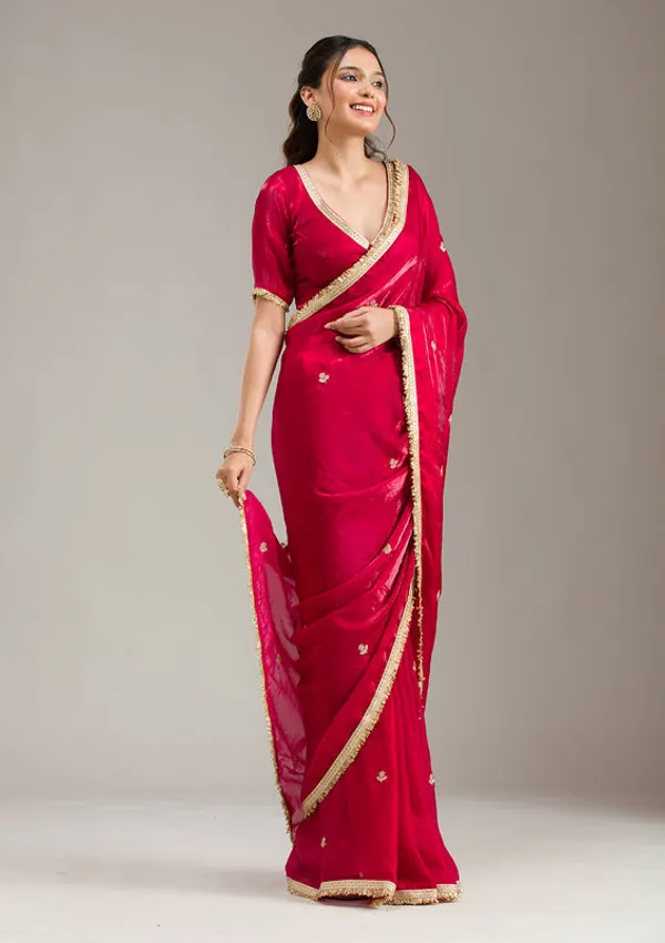 Rani_Pink_Tissue_Gold_Zariwork_Saree_With_Matching_Blouse_Piece