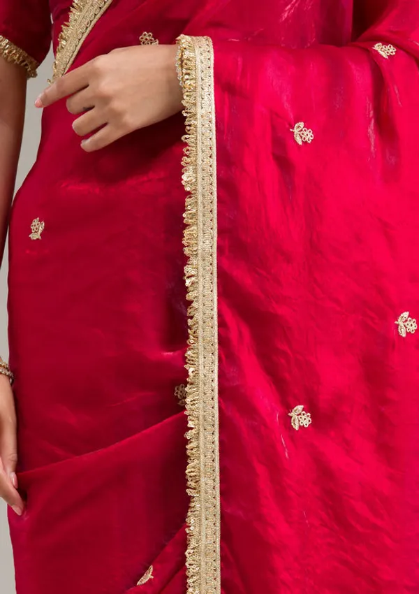 Rani_Pink_Tissue_Gold_Zariwork_Saree_With_Matching_Blouse_Piece