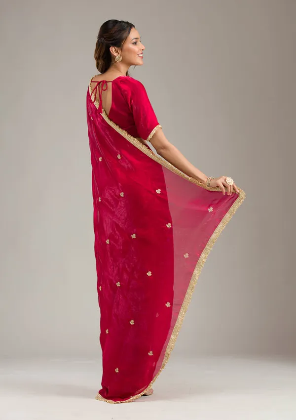 Rani_Pink_Tissue_Gold_Zariwork_Saree_With_Matching_Blouse_Piece