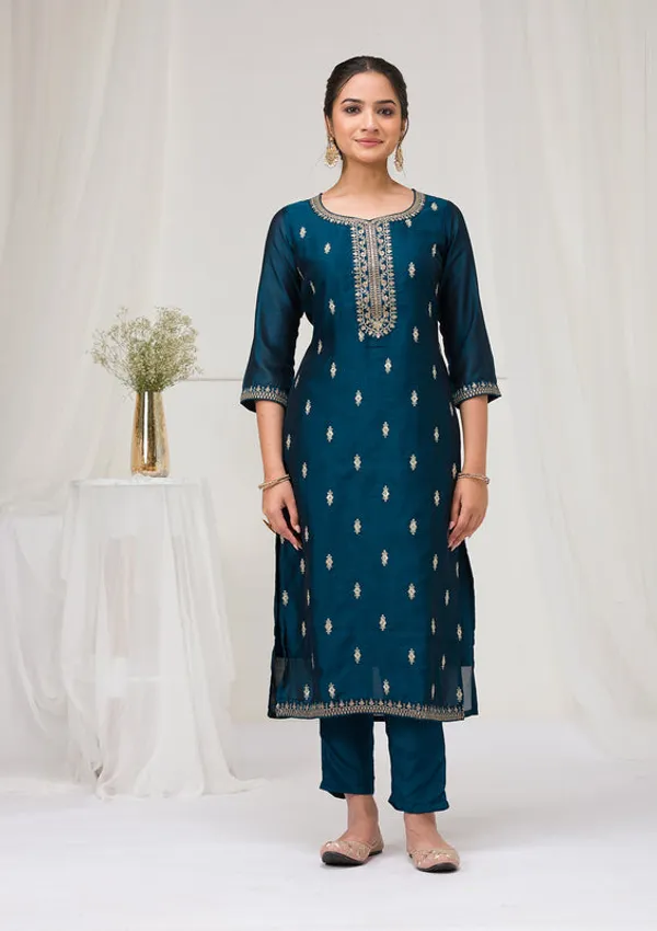 Peacock_Blue_Soft_Raw_Silk_Gold_Zariwork_Straight_Kurta_With_Pant_Regular_And_Dupatta