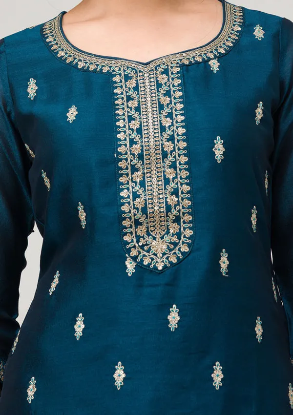Peacock_Blue_Soft_Raw_Silk_Gold_Zariwork_Straight_Kurta_With_Pant_Regular_And_Dupatta