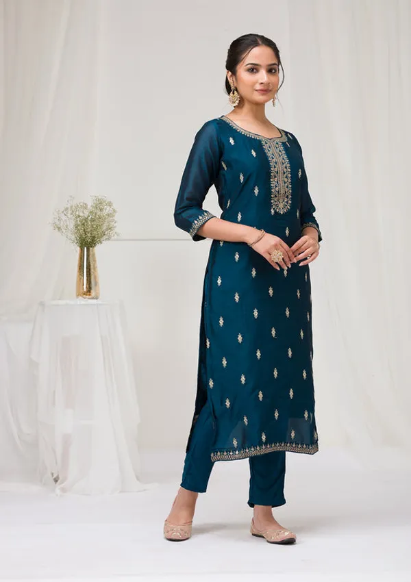 Peacock_Blue_Soft_Raw_Silk_Gold_Zariwork_Straight_Kurta_With_Pant_Regular_And_Dupatta