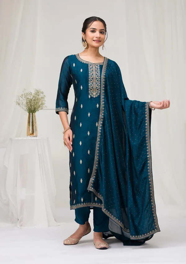 Peacock_Blue_Soft_Raw_Silk_Gold_Zariwork_Straight_Kurta_With_Pant_Regular_And_Dupatta