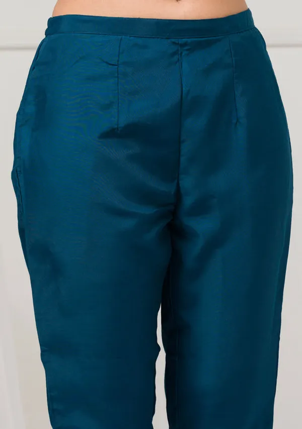 Peacock_Blue_Soft_Raw_Silk_Gold_Zariwork_Straight_Kurta_With_Pant_Regular_And_Dupatta