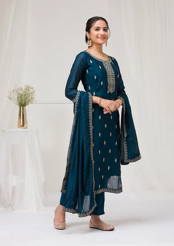 Peacock_Blue_Soft_Raw_Silk_Gold_Zariwork_Straight_Kurta_With_Pant_Regular_And_Dupatta