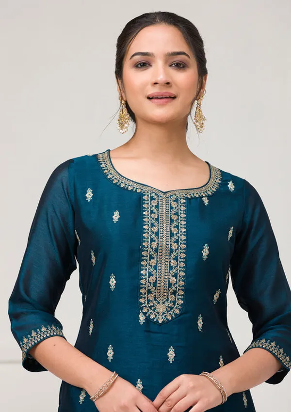 Peacock_Blue_Soft_Raw_Silk_Gold_Zariwork_Straight_Kurta_With_Pant_Regular_And_Dupatta