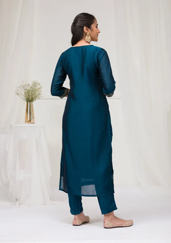 Peacock_Blue_Soft_Raw_Silk_Gold_Zariwork_Straight_Kurta_With_Pant_Regular_And_Dupatta