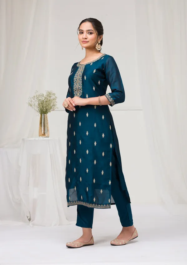 Peacock_Blue_Soft_Raw_Silk_Gold_Zariwork_Straight_Kurta_With_Pant_Regular_And_Dupatta