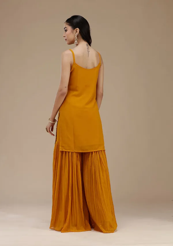 Mustard_Georgette_Floral_Threadwork_Straight_Kurta_With_Sharara_And_Dupatta