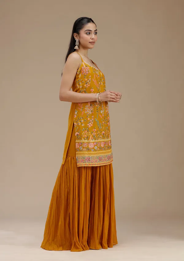 Mustard_Georgette_Floral_Threadwork_Straight_Kurta_With_Sharara_And_Dupatta