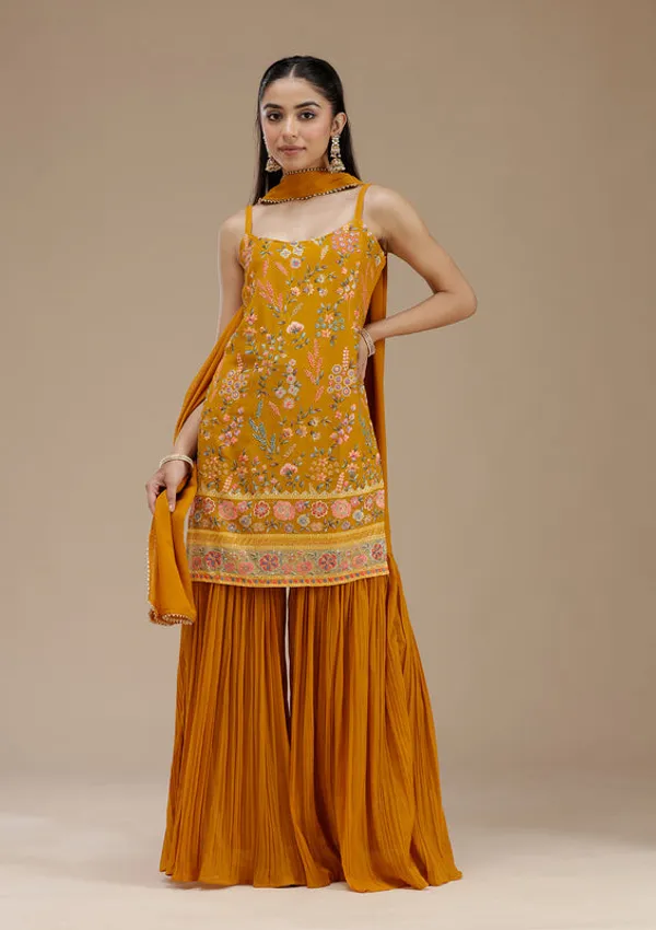 Mustard_Georgette_Floral_Threadwork_Straight_Kurta_With_Sharara_And_Dupatta
