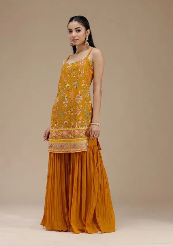 Mustard_Georgette_Floral_Threadwork_Straight_Kurta_With_Sharara_And_Dupatta