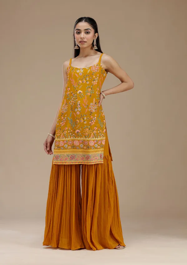 Mustard_Georgette_Floral_Threadwork_Straight_Kurta_With_Sharara_And_Dupatta